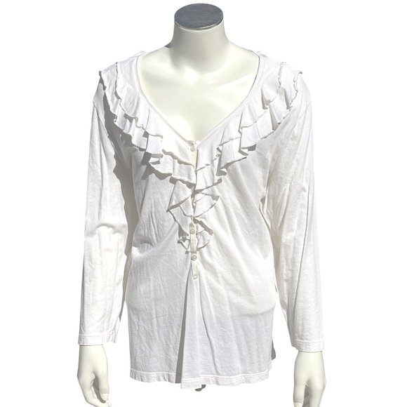 Chicos Long Sleeve Ruffled Henley Beige Button Front Blouse Elegant Feminine SZ3 - Picture 1 of 7